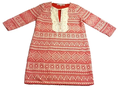 Vestido Collective Concepts para mujer XS rojo blanco encaje geométrico mangas 3/4 forrado Foto 1 de 4