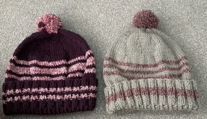 2 Hand Knitted Aran Wool Bobble Hats. Stone and brown Adults Size - Picture 1 of 3