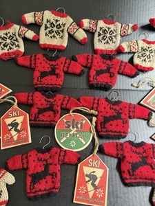 Miniature Knitted Ski Sweaters,Mitts, Wooden Ski Ornaments Christmas Collection - Picture 1 of 17
