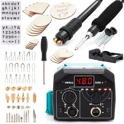 Set Completo Saldatore E Pirografo Yihua 939D-II Per Legno Con 20 Fogli Di Compe - Immagine 1 di 4