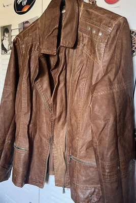 Joujou Women's Tan/Brown Faux-Leather Moto Jacket Size XL Casual Zip-Up - Image 1 of 4