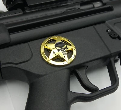1X AR-15 AR15 Rifle Decal Emblem Punisher Theme (Gold/Black) Zinc Alloy - Image 1 of 4