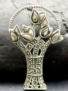 STERLING SILVER MARCASITE and ABALONE SHELL BROOCH FREE FAST SHIPPING !! - Picture 1 of 9