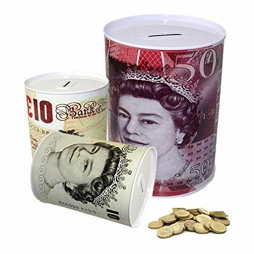 Money Tins Saving Tin UK Pound Piggy Bank Box Savings Coins Cash, 5 pack 15 CM - Image 1 of 1