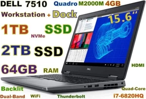 Workstation DELL 7510 i7-6820HQ 3TB SSD 64GB 15.6" FHD Quadro M2000 4GB Docking - Picture 1 of 15