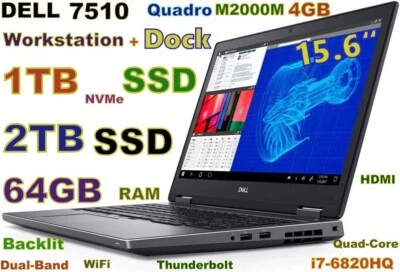 Workstation DELL 7510 i7-6820HQ 3TB  SSD 64GB 15.6" FHD Quadro M2000 4GB Docking - Image 1 of 4