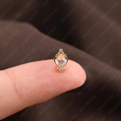 Piercing genuino de piedra lunar y moissanita de oro amarillo macizo de 14K, caracola, perno helicoidal Foto 1 de 4