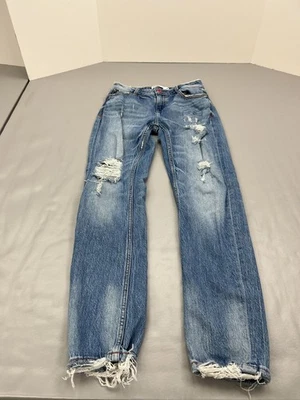Zara Jeans Womens 00 Blue Distressed Straight Leg High Rise Raw Hem Denim Pants - Image 1 of 4