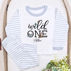 Personalised Wild One Birthday Grey Stripe Boys Birthday Pyjamas - Picture 1 of 5