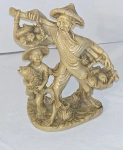 Vintage Resin Chinese Mud Man Fisherman Boy Happy Statue Figur  - Bild 1 von 21