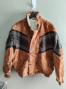 Vintage Aztec Navajo Western Suede Leather Sherpa Bomber Jacket Coat C&A XL - Picture 1 of 19