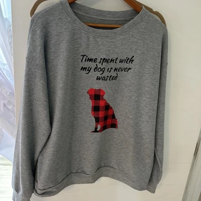 Sudadera Pullover Gris XL Búfalo Estampado a Cuadros Perro 'Tiempo Pasado Con Mi Perro..." Foto 1 de 3