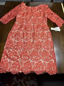 Eliza J Coral Lace Dress With Nude Lining Size 10 NWT B3/4 Sleeve Knee Length - Picture 1 of 8