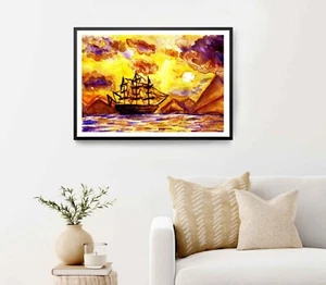 Watercolor Yellow Evening Sunset Sea Poster Premium Quality Choose your Size - Picture 1 of 5