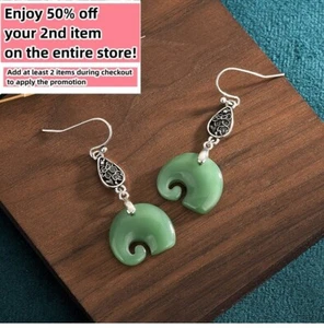 Jade Bohemian Drop Dangle Earrings Elephant Gemstone Boho 18K White Gold Plated - Picture 1 of 8