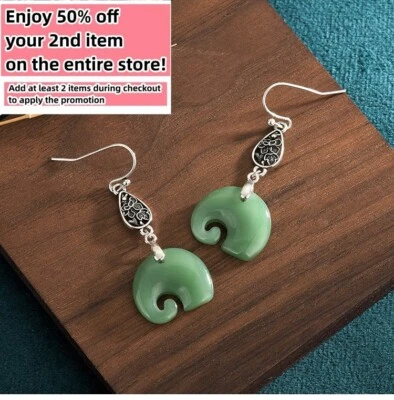 Jade Bohemian Drop Dangle Earrings Elephant Gemstone Boho 18K White Gold Plated - Image 1 of 4
