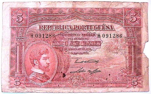 1926 Angola 5 Angolares VG/F Portuguese Africa Banknote Currency Paper Money Cover