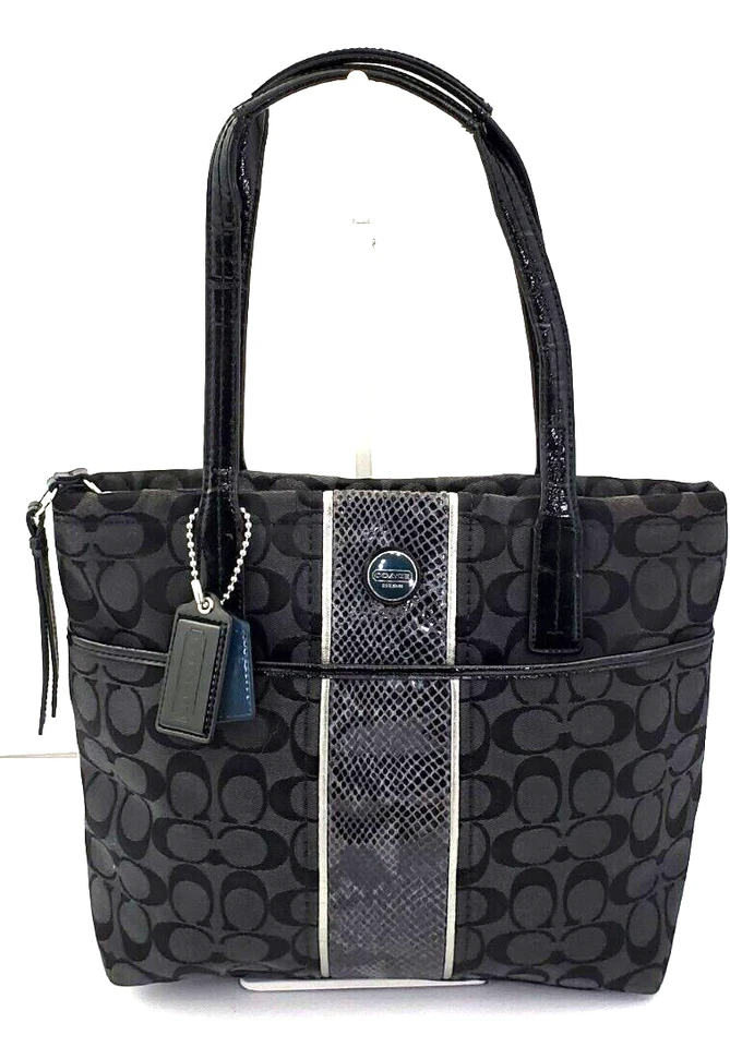 Coach F25706 Signature Stripe Black Jacquard Python Patent Tote Bag - Image 1 of 4