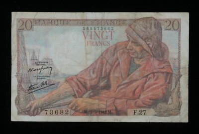 1942 France 20 Franc Note // Pecheur (Fisherman) // About Very Fine (aVF) P#100a - Image 1 of 3