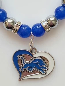 Detroit  Lions Bracelet Jade and Hematite Gemstone Rhinestone Silver Clasp - Picture 1 of 10