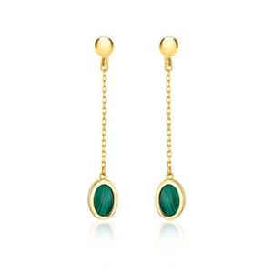 9CT Yellow Gold Oval Malachite Drop Stud Earrings - Picture 1 of 7
