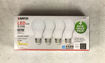 4 Pack Satco LED A19 Bulb Warm White 60W 800 Lumens Garage Door Opener - Image 1 of 4