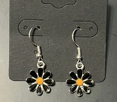 Pendientes colgantes informales bohemios de plata margarita negra vintage divertidos Foto 1 de 2