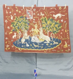 Vintage Französische Nadelspitze Dame Einhorn Szene Wandbehang Wandteppich 129x90 cm - Bild 1 von 15