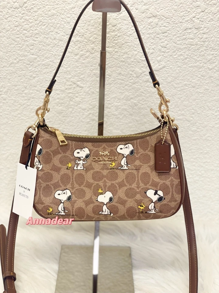 COACH X PEANUTS Teri Shoulder Bag CBJ88 Tan Brown Snoopy Print Signature Canvas
