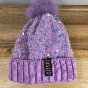 Justice Girls Purple Sequin Beanie Hat Sparkly Winter Knit Cap Youth Trendy - Picture 1 of 4