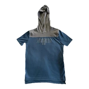 Under Armour(heat Gear) kids Hooded T-shirt SizeYSM, Blue w/Gray Hood& Gray Logo - Picture 1 of 5
