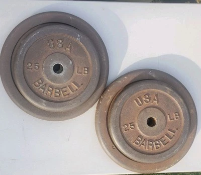 Винтажные редкие стандартные весовые пластины для штанги США 1 дюйм 2 25 и 50 фунтов 150 всего - Изображение 1 из 4