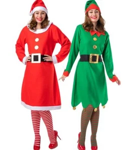 Mrs SANTA CLAUSE or SANTA'S HELPER ELF Ladies Christmas Fancy Dress Costume +Hat - Picture 1 of 7