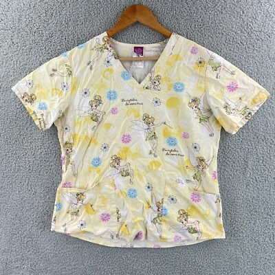 Disney Tinkerbell Scrub Top Womens Small Yellow V Neck Nursing Medical Pockets - Image 1 of 4