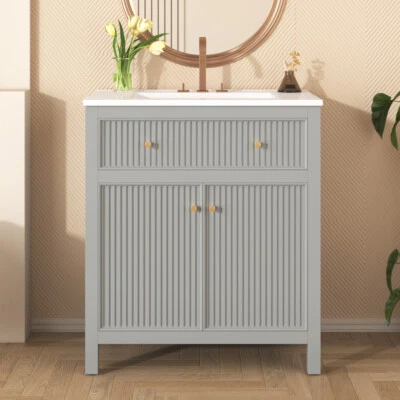 30英寸浴室梳妆台带陶瓷水槽,独立式单人梳妆台套装,灰色 — 第 1/4 张图片