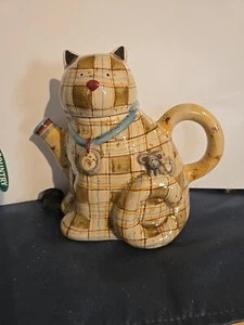 Sakura Hand Painted Debbie Mumm Plaid Kitty Calico Cat & Mouse Individual Teapot - Picture 1 of 4