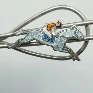 Vintage Jockey Horse Ridding Enamel Tie Clip Equestrian Silver Tone Unsigned - Picture 1 of 9