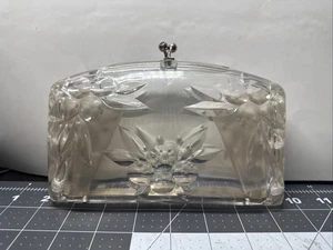 Vintage 1950s Clear Lucite Purse clamshell Handbag Clutch bag w Rhinestones - Picture 1 of 13