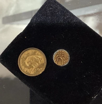 Moneda Panda de Oro China 1997 5 Yuan 1/20 OZ y Fanam de Oro del siglo XVIII (hallazgo inmobiliario) Foto 1 de 4