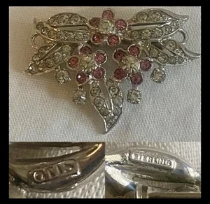 Otis Sterling Silver Brooch Pink Floral Art Deco Rhinestone Signed - Picture 1 of 9