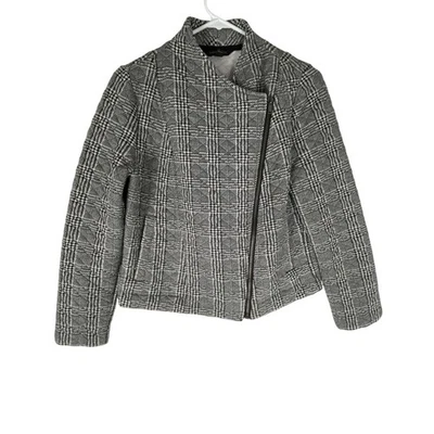 Banana Republic Jacket Womens Medium Black White Plaid Quilted Zip Moto Coat - Image 1 of 4