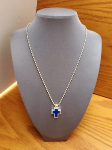 Sterling Silver 925 Blue Natural Stone Cross 925 Ball Bead Necklace 18 Inches - Picture 1 of 19