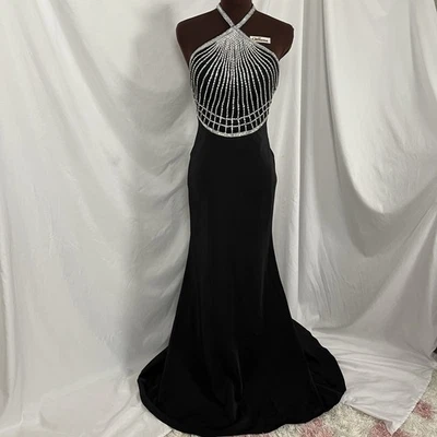 Vestido de sirena halter de cristal negro ajustado Stephen's of Indianápolis de colección de los años 90  Foto 1 de 4