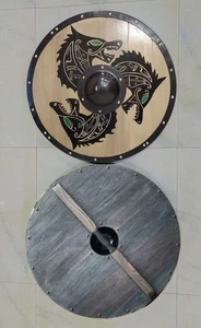 24'' Medieval Wooden Norse Carving Round Viking Shield Celtic Ornament Battle - Picture 1 of 2