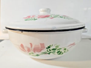 Casseruola e coperchio vintage raccolta paraurti smalto bianco blu e rosa bordo fiori - Foto 1 di 14