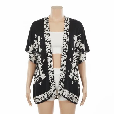Christian Siriano Black White Floral Linen Rayon Kimono Cardigan Cover Up Small - Image 1 of 4
