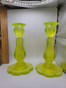 Vintage Vasaline Uranium Glass Candle Holders Pair - Picture 1 of 6