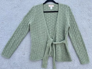 FWM Womens Knit Tie Up Cardigan Sweater Lambswool Angora Blend Sz L Green Boho - Picture 1 of 14