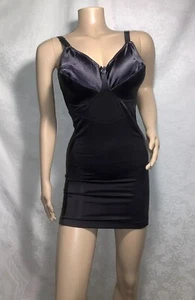36 DD NOS New Vtg Short Tight Black Satin Open Girdle Bra Slip One Pc Shaper - Picture 1 of 10