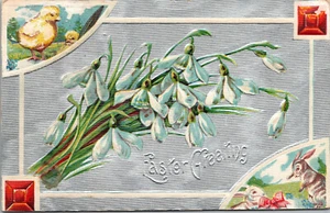 Postal trasera Winsch de colección de lirios de saludo de Pascua de los años 1910 pollitos amarillos conejito conejo - Imagen 1 de 2